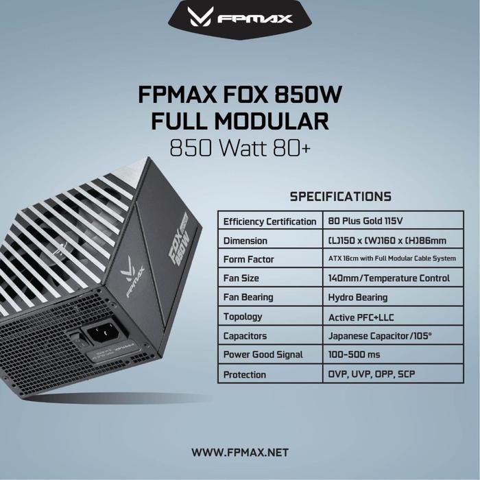 Power Supply FPMAX FOX 850W BR 80+ GOLD PCIE5 Full Range Full Modular - Image 3