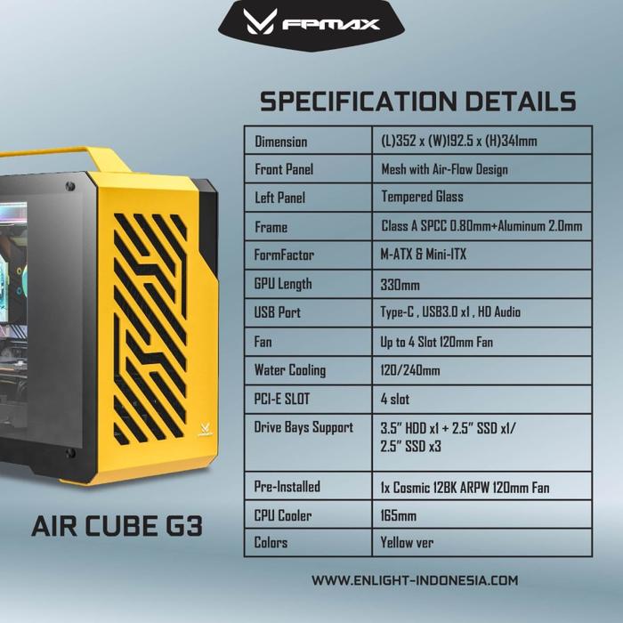 CASING FPMAX Air Cube G3 Yellow Metal + Handle + 1 Fan ARGB - mATX, ITX - Image 5
