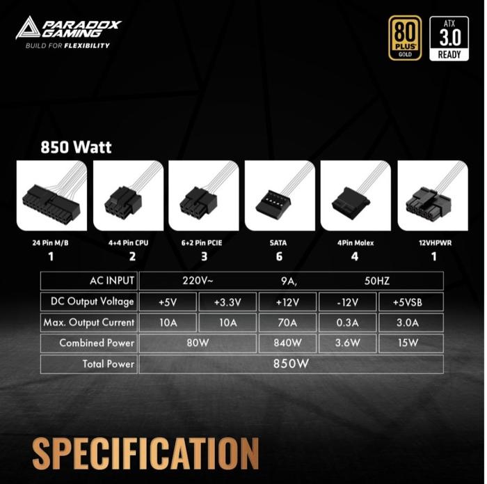 POWER SUPPLY PARADOX GAMING GALACTIC 850W ATX 3.0 - 80+ GOLD FULL MODULAR - Image 3