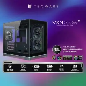Casing Tecware VXN GLOW M TG | M-ATX Tempered Glass Panoramic View with 3 ARGB Fans - BLACK