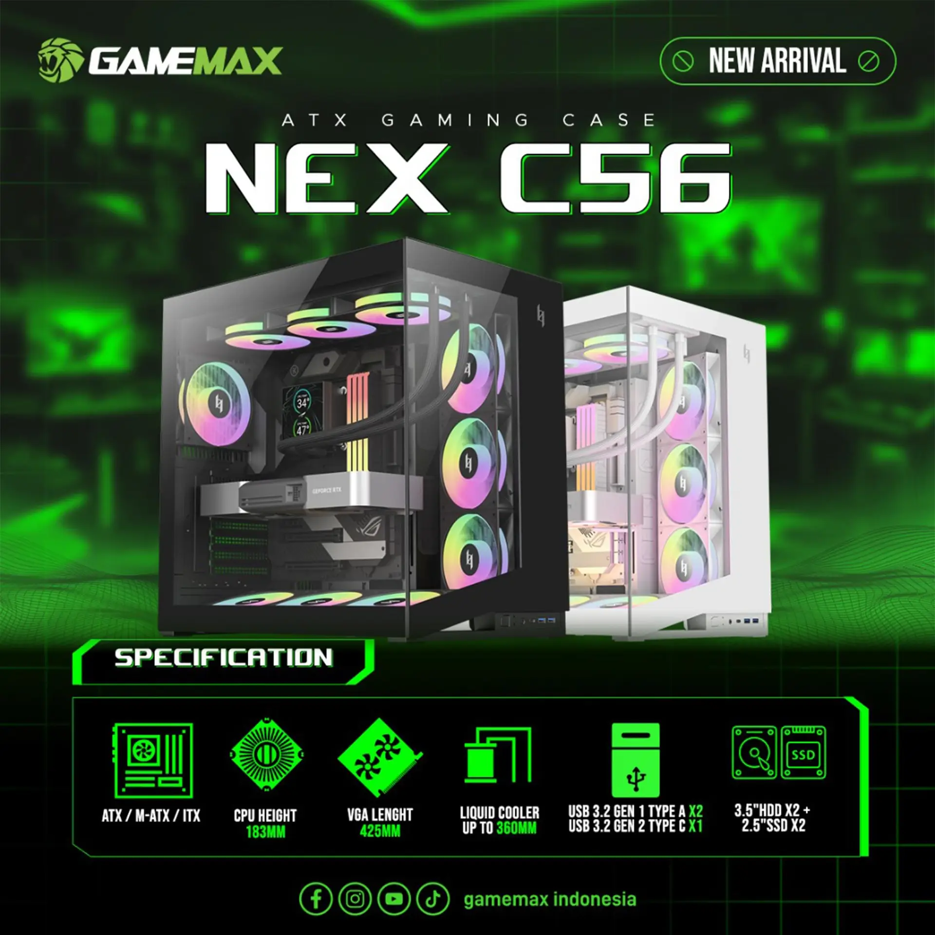 Casing GAMEMAX NEX C56 Dual Chamber ATX 7 ARGB PWM Fan Tempered Glass - White