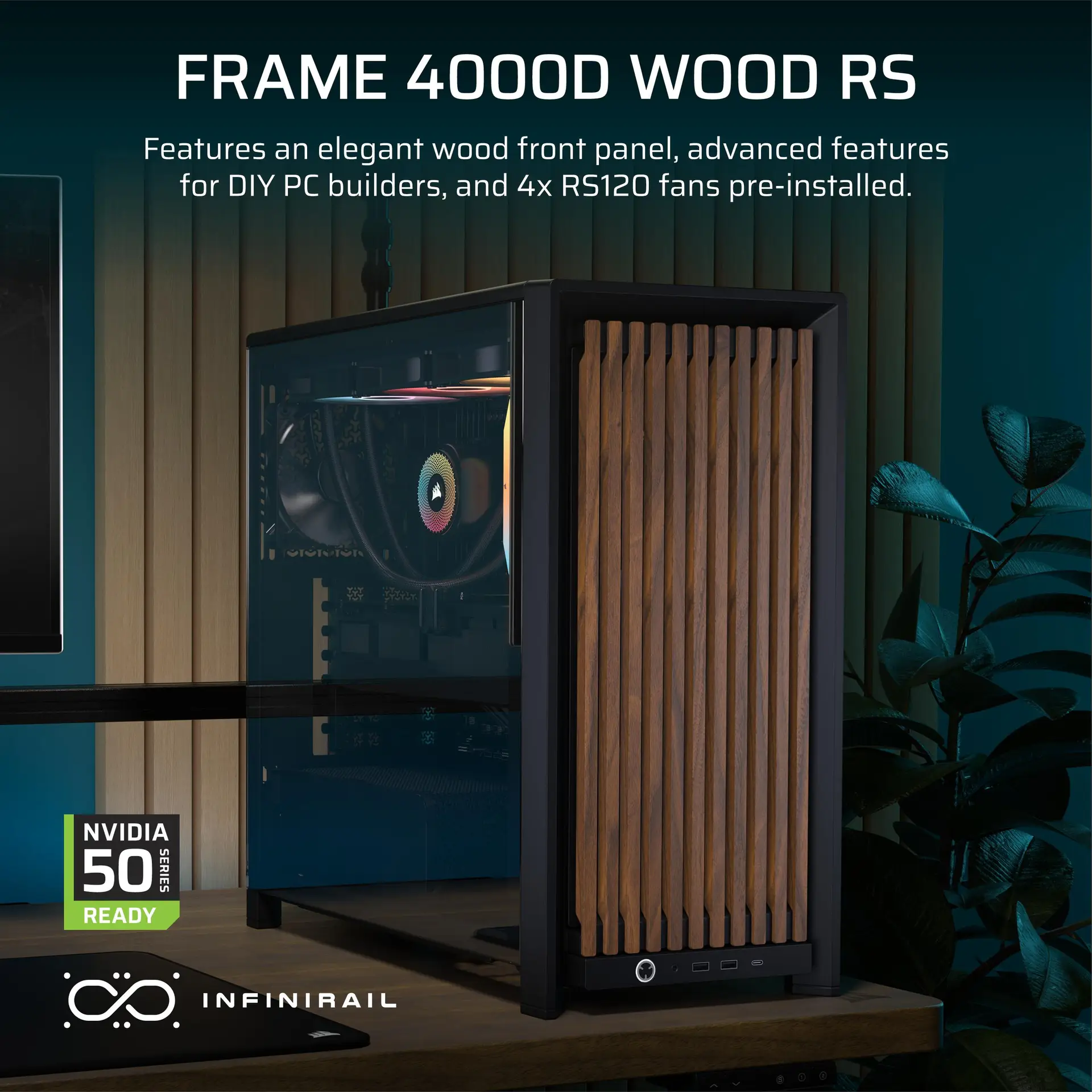 Corsair FRAME 4000D WOOD RS Mid-Tower PC Case Black Walnut | Modular Design | Adjustable Cooling | 4x PWM Fans - Image 2
