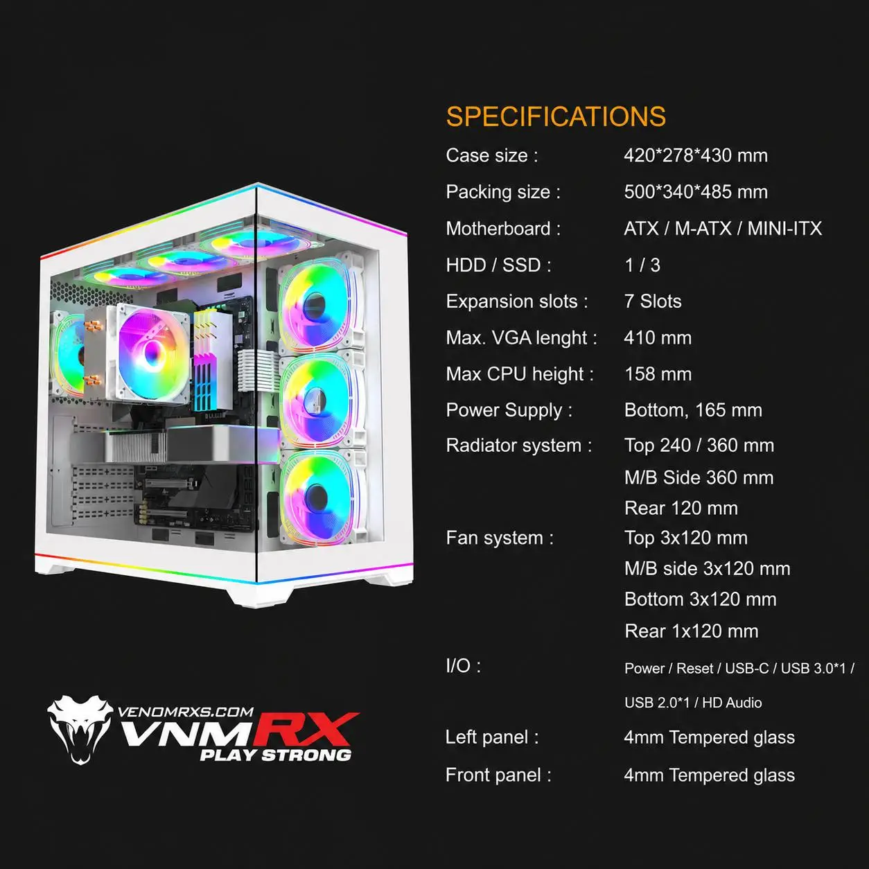 CASING VENOMRX NOCTIS MAX | Panoramic ATX PC Case Tempered Glass - WHITE - Image 2