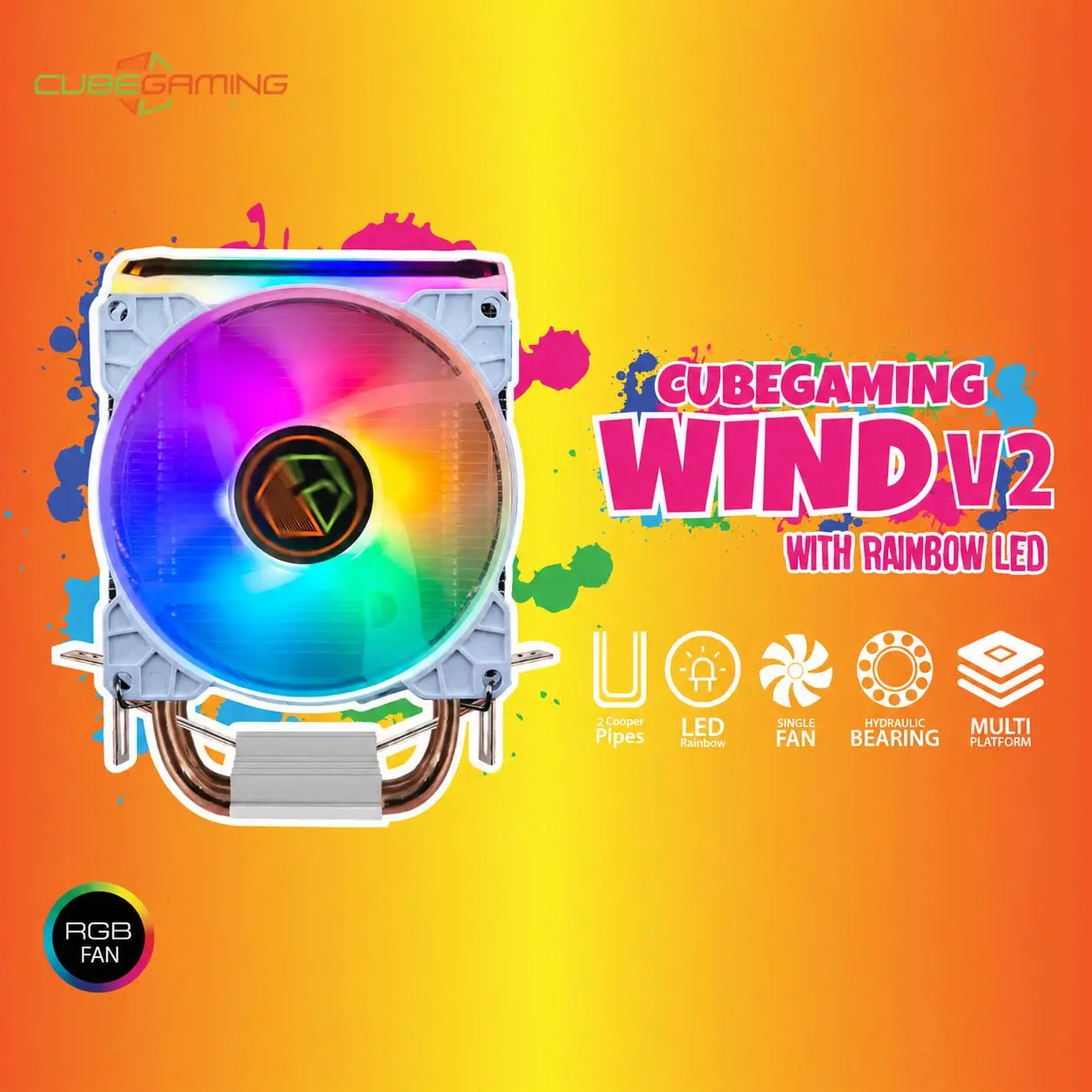 CUBE GAMING WIND V2 - CPU Cooler Rainbow LED with 2 Heat-pipes
