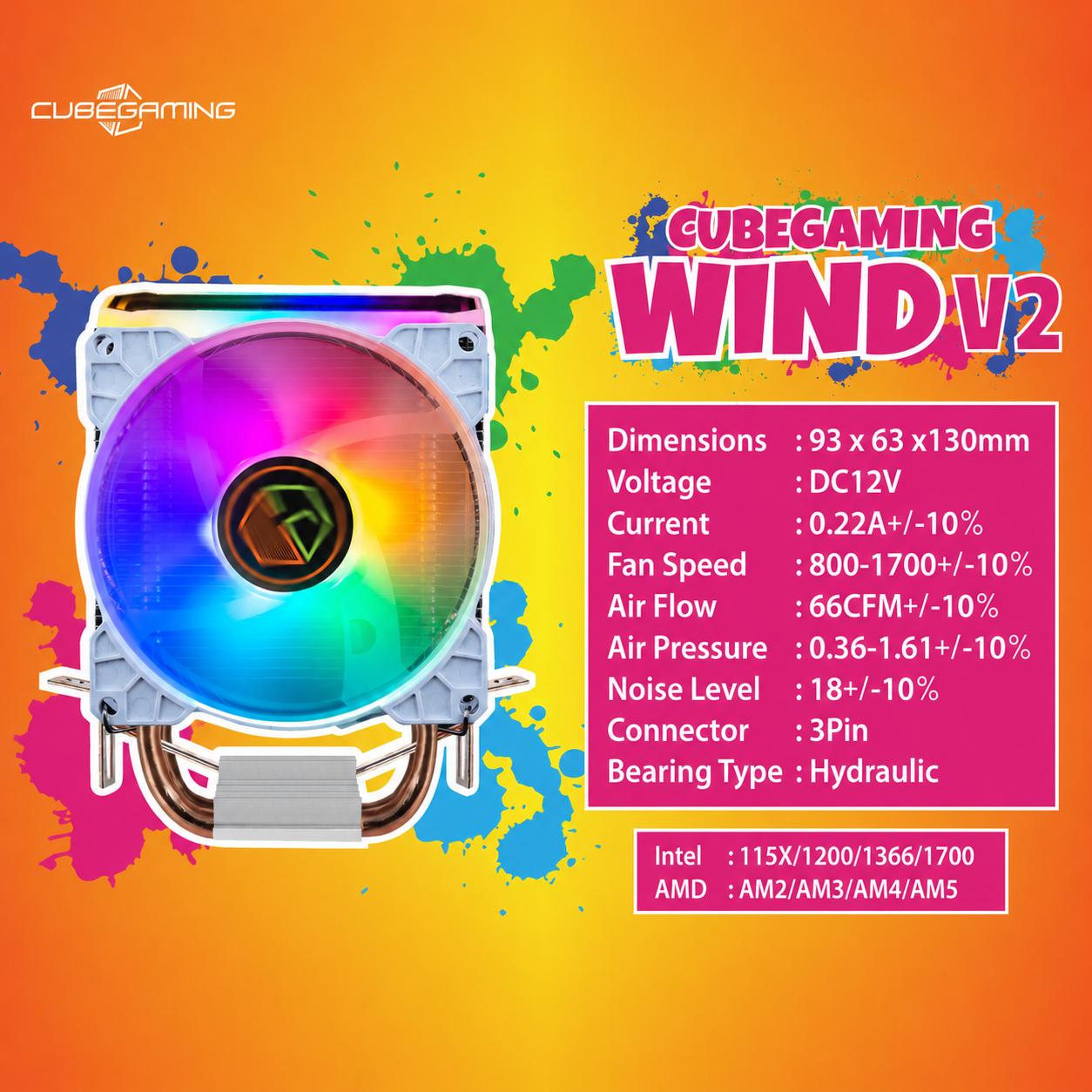 CUBE GAMING WIND V2 - CPU Cooler Rainbow LED with 2 Heat-pipes - Image 3
