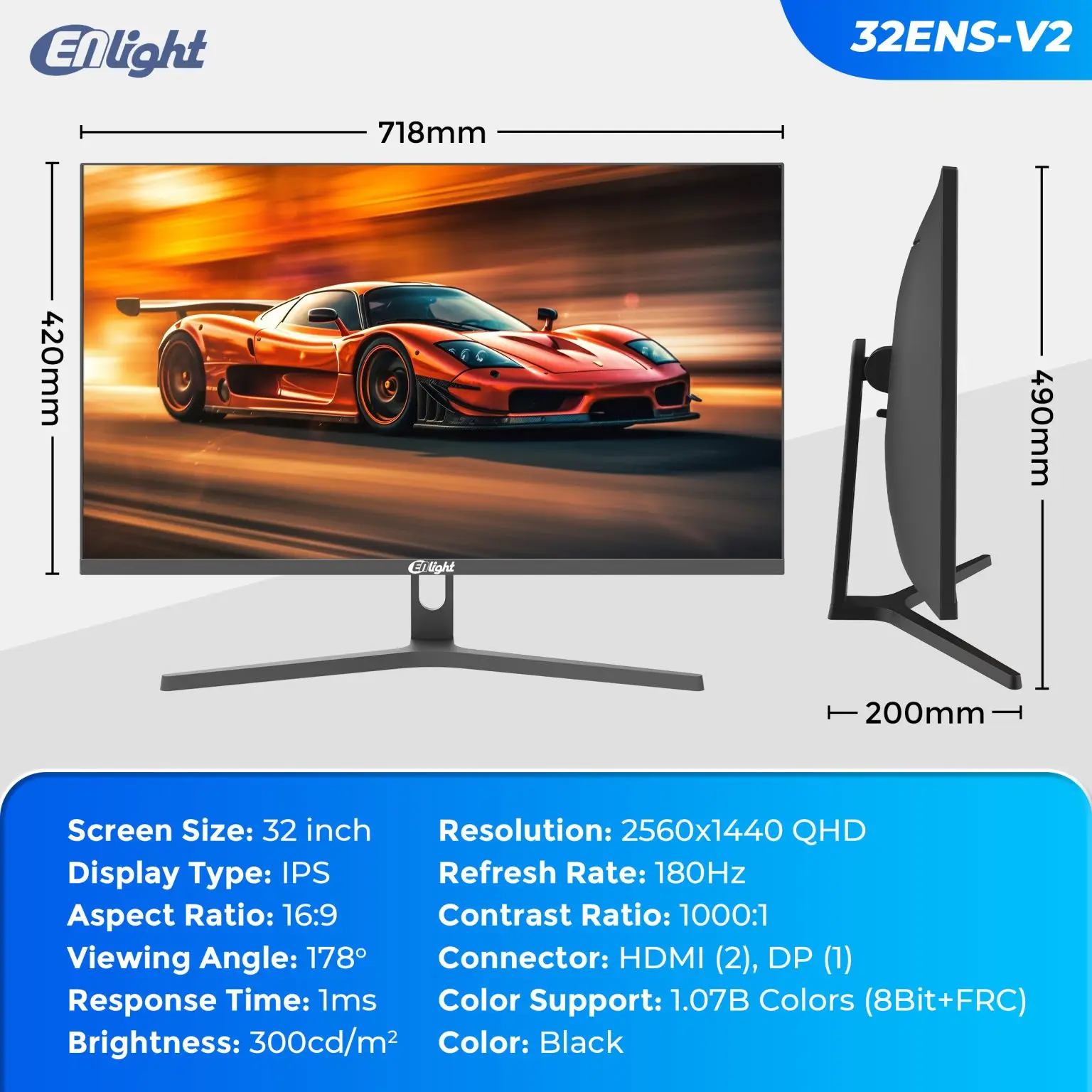 Monitor Enlight 32ENS-V2 | Frameless Gaming LED Monitor IPS 32" QHD 2560x1440 180Hz 1ms - Image 5