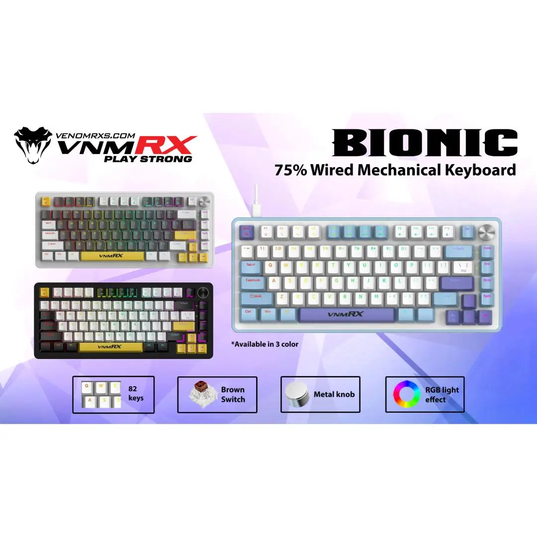 VenomRX BIONIC Mechanical Keyboard Gaming 75% Wired Brown Switch RGB - Grey/White - Image 2